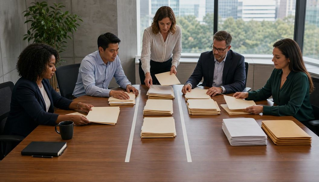 Colleagues sort blank folders and paper packets into tape-divided review lanes on a long wooden conference table.