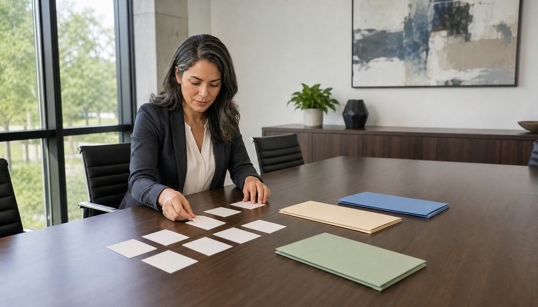 A woman places a blank workflow card into a loose grid beside separate stacks of blue, tan, and green folders.
