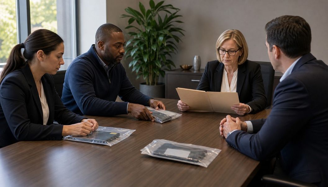 Colleagues around a meeting table inspect an open tan case folder and sealed clear evidence packets.