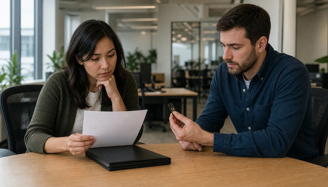 A woman reviews a blank response sheet while a man holds up a disconnected black authorization token beside a closed folio.