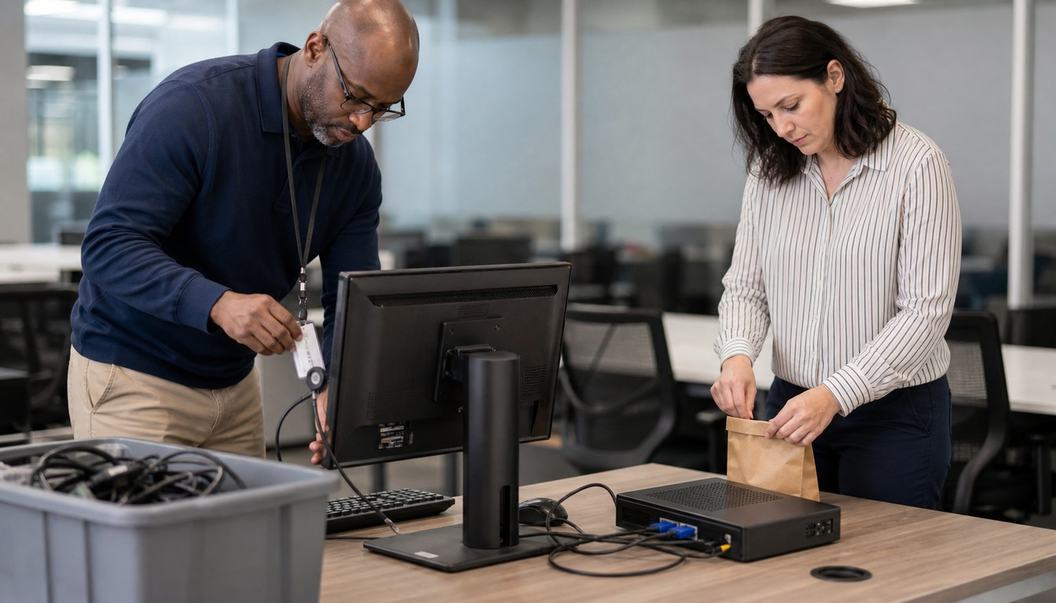 A man handles an access badge and cables behind an inactive monitor while a woman closes a brown evidence envelope beside disconnected equipment.
