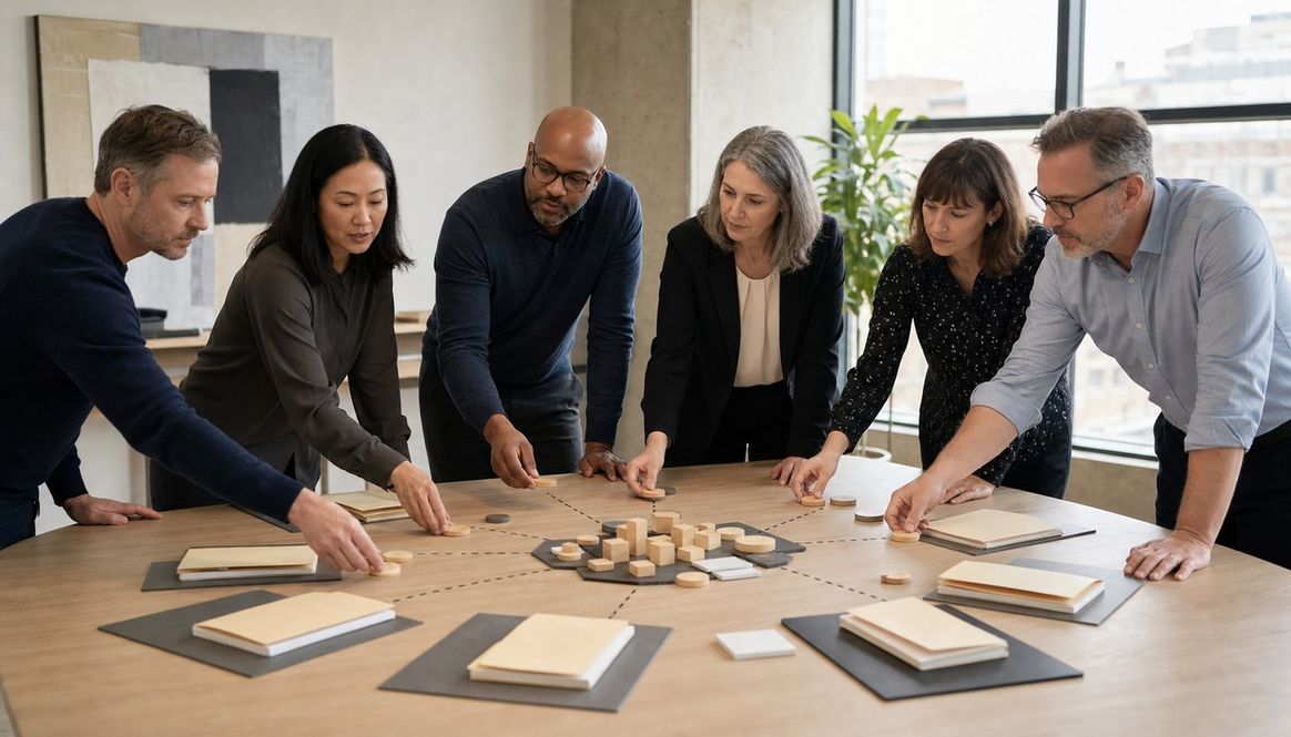 Business leaders around a light wood table reach for round tokens on dotted paths linking central blocks with surrounding folders.