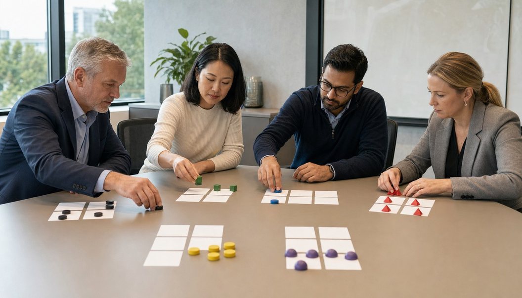 Colleagues at a gray conference table organize groups of blank cards with markers in different colors and shapes.