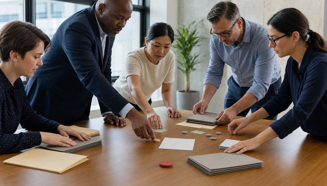 Colleagues lean over a wood table as a man places a tan token beside a blank central card amid folders, gray markers, and a red token.