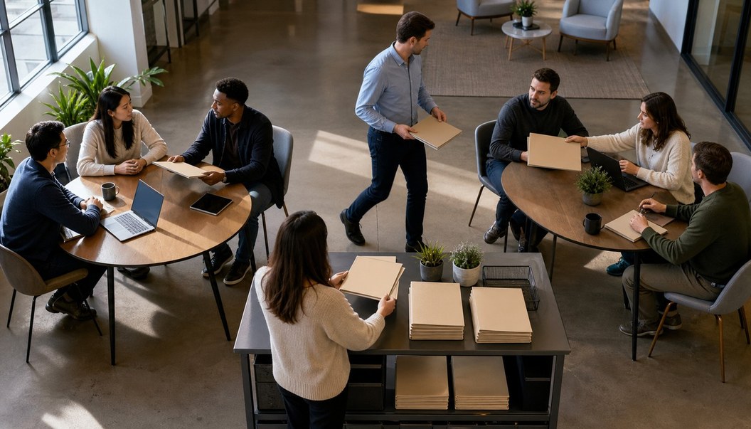 From above, colleagues exchange blank beige folders between round worktables and a central supply station, with laptops and a tablet nearby.