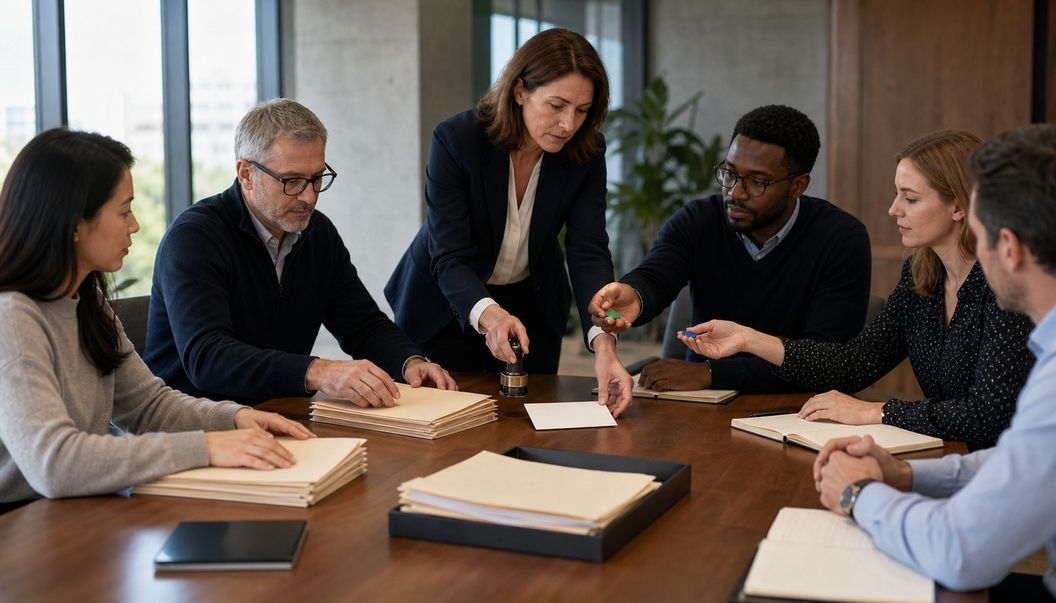Colleagues gather around folders as a standing woman stamps a blank decision card and others hold green and blue markers.