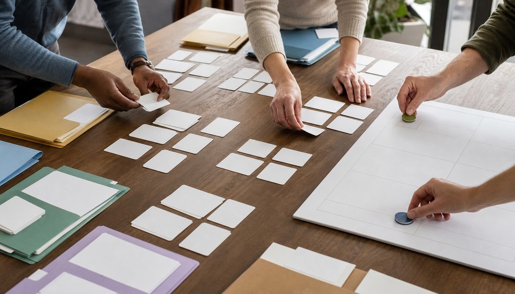 Hands arrange blank cards from colored folders into clusters and move green and blue tokens onto an empty grid planning board.