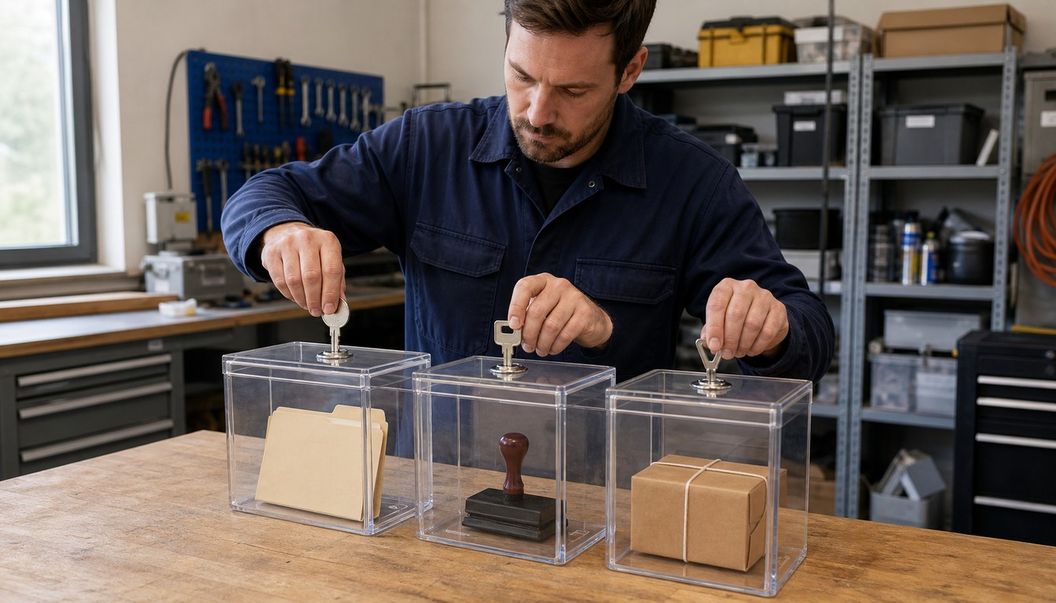 A workshop technician holds differently shaped keys in transparent lockboxes containing folders, a rubber stamp, and a tied parcel.