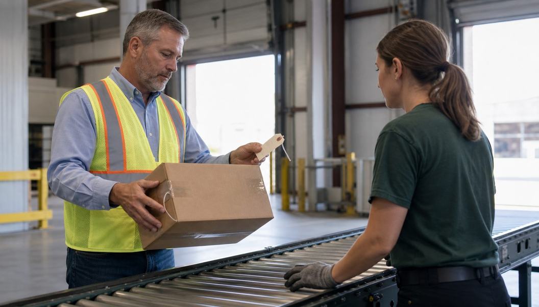 A warehouse supervisor checks a sealed parcel against its plain authorization tag while a worker waits beside the roller conveyor.