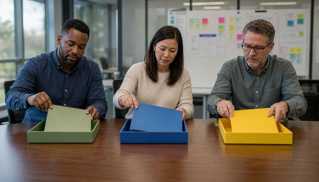 Operations leads place green, blue, and yellow folders into matching trays across a conference table during a control workshop.