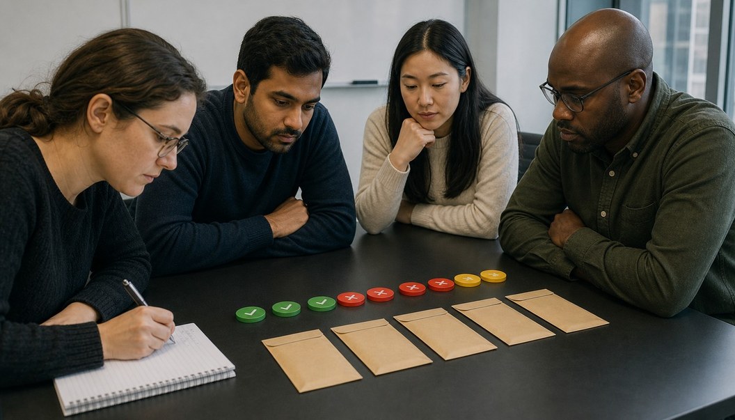 A quality team studies colored check, cross, and arrow tokens beside sealed test envelopes while a member records notes by hand.