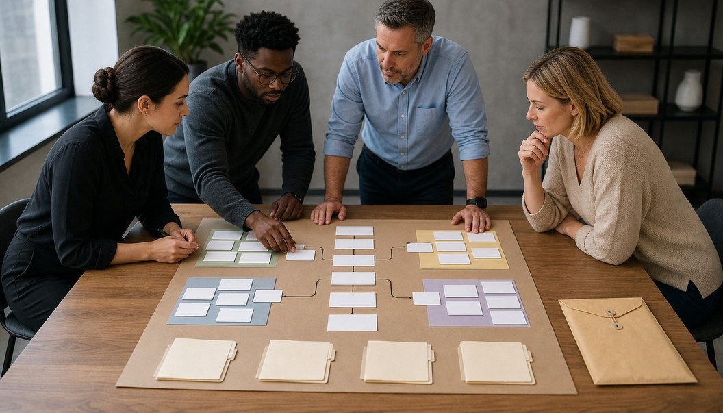 Business colleagues around a wooden table study a physical workflow of blank cards, colored case groups, folders, and a sealed envelope.