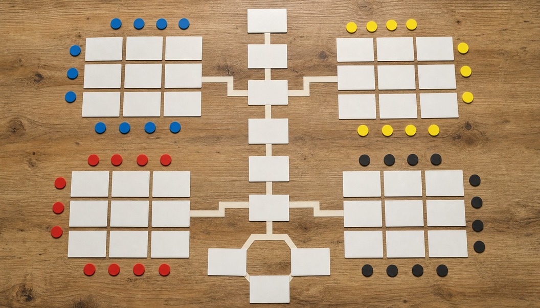 A top-down tabletop layout shows a central workflow of blank cards linked to surrounding case groups and colored round tokens.
