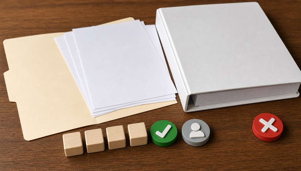 An open manila folder with blank sheets sits beside a white binder, wooden cubes, and green, gray, and red status tokens.