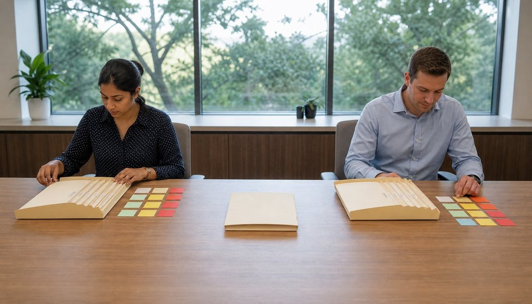 Reviewers seated apart at a long table independently compare blank folders with matching grids of colored cards, with an adjudication folder between them.