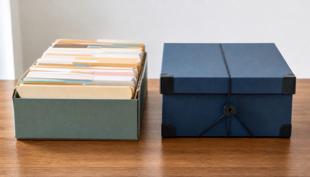 An open muted-green file box packed with blank folders sits beside a sealed dark-blue archive box secured with corner guards and an elastic cord.