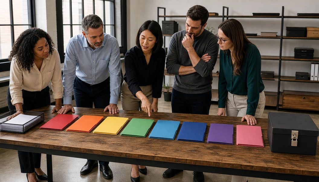Colleagues lean over a long wooden table as a woman points to colored folders leading from an intake tray to a lockable archive box.