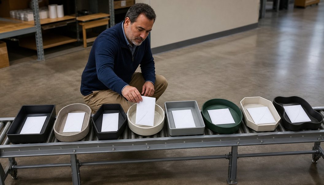 A kneeling operations architect places a sealed blank envelope into a row of differently shaped trays on a waist-high roller conveyor.