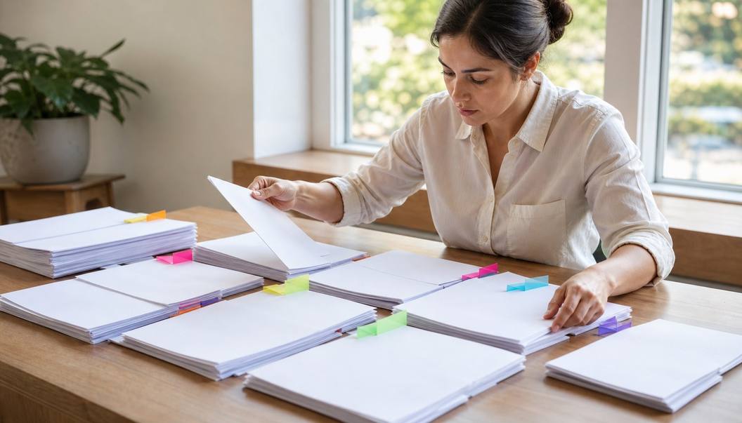 A document analyst lifts a face-down page among separate paper stacks marked with translucent colored tabs on a sunlit wooden table.