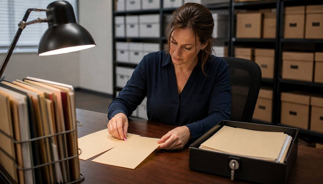 A reviewer compares face-down cream pages under a desk lamp and places a pink marker on the nearer page beside an open lockable document tray.