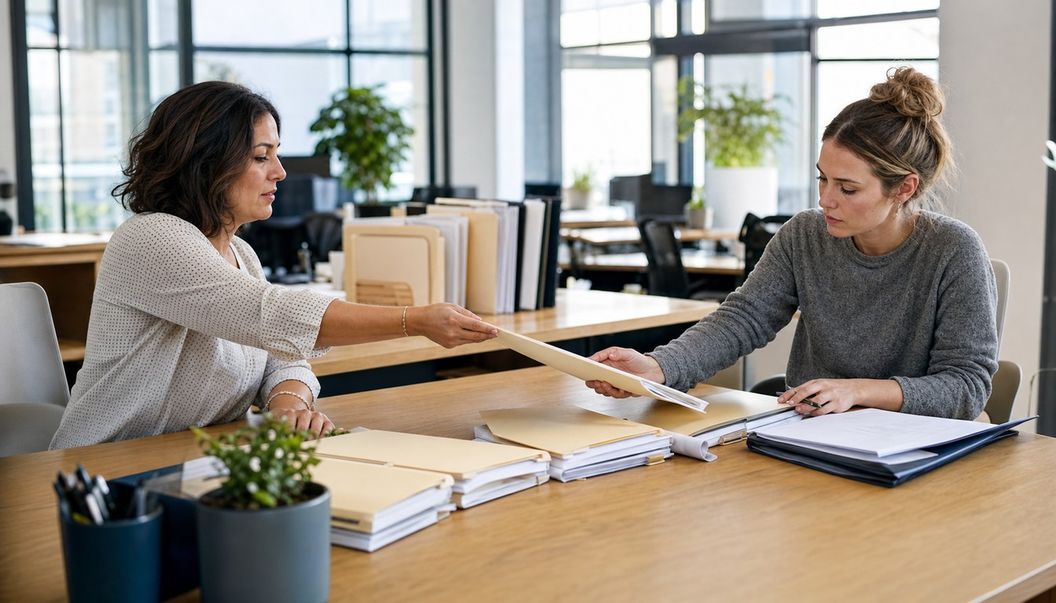 Colleagues exchange a tan document folder across an office table covered with case files and an open dark blue binder.