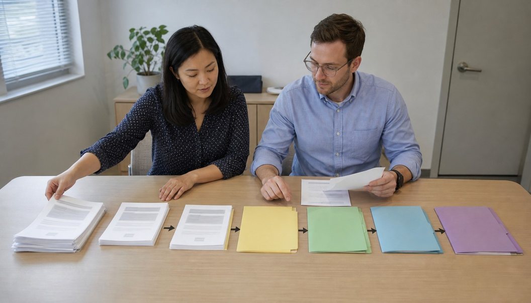 Colleagues arrange printed pages and colored folders into a left-to-right workflow marked by small black arrows.