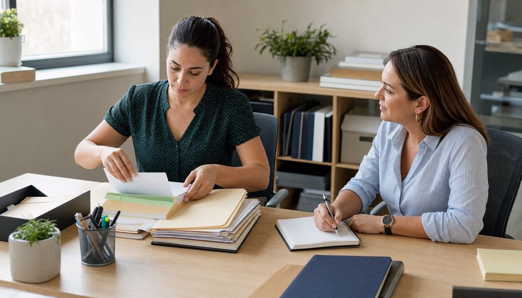 A woman files a white card into a thick client folder while her colleague observes and writes in a spiral notebook.