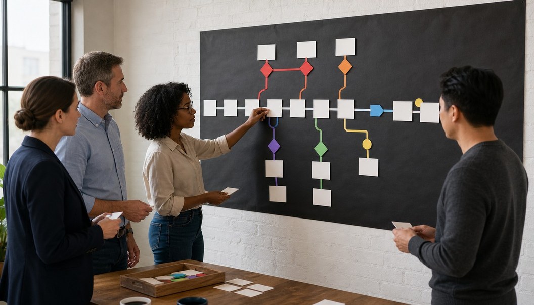 Professionals gather around a wall-mounted workflow board as a woman points to blank cards and colored branches.