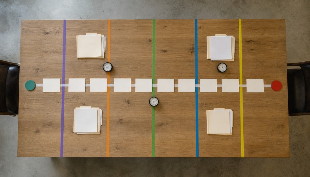 Blank cards cross a taped wooden worktable between colored endpoint tokens, with folders and small clocks beside the route.