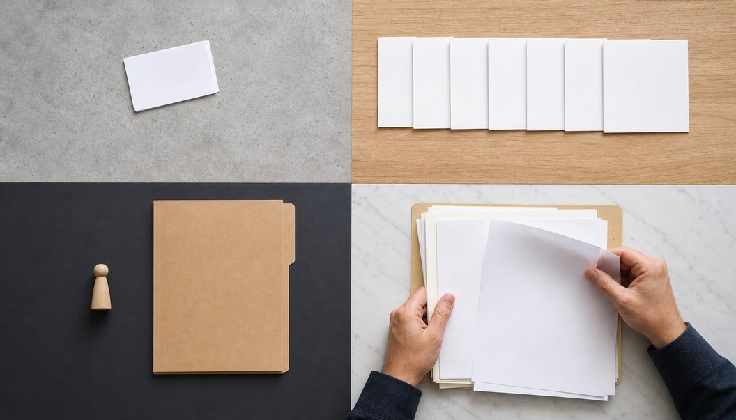 Distinct work surfaces show a discarded blank card, a repeated card row, an owner marker with a folder, and a reviewer holding blank pages.
