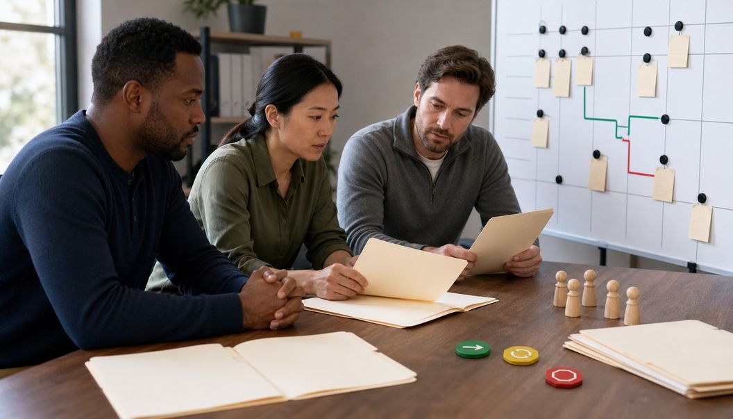 Operations specialists review blank folders and pages at a table, with a physical workflow board and colored route tokens around them.