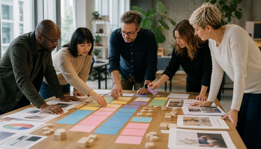 A cross-functional team rearranges colored task cards, work samples, and wooden markers across a large office table.