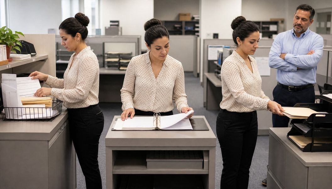 The same service employee sorts a packet, checks a binder, and files a folder at separate stations while a manager watches.