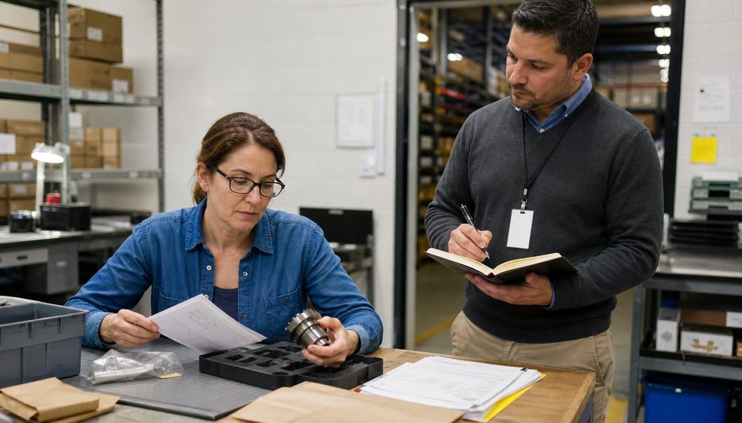 A seated warehouse coordinator compares paperwork with a metal component while a standing observer records notes at the workbench.