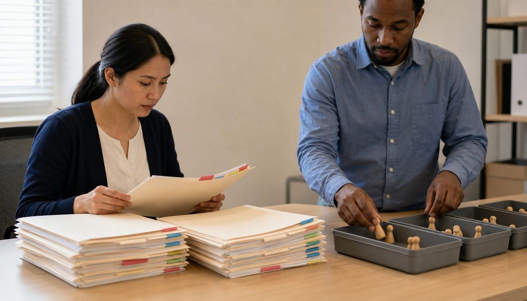A quality specialist reviews a tabbed case folder while a colleague sorts wooden person markers into trays at an office table.