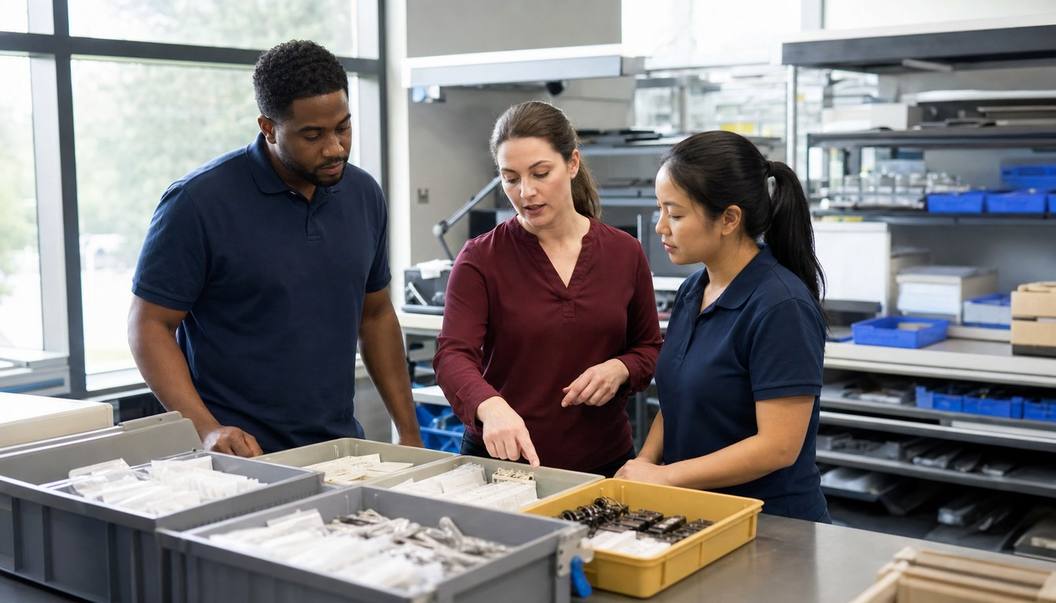 A work team reviews trays of sorted components as the woman in the center points to samples in a light-industrial workspace.