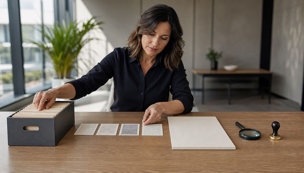 A woman at a bright office table selects a folder and aligns evidence cards beside a blank folio, magnifier, and approval stamp.