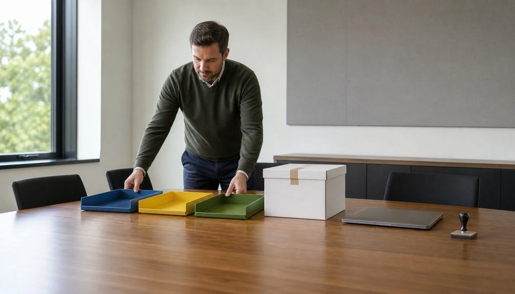 A man in a meeting room arranges colored document trays beside a sealed archive box, closed laptop, and approval stamp.