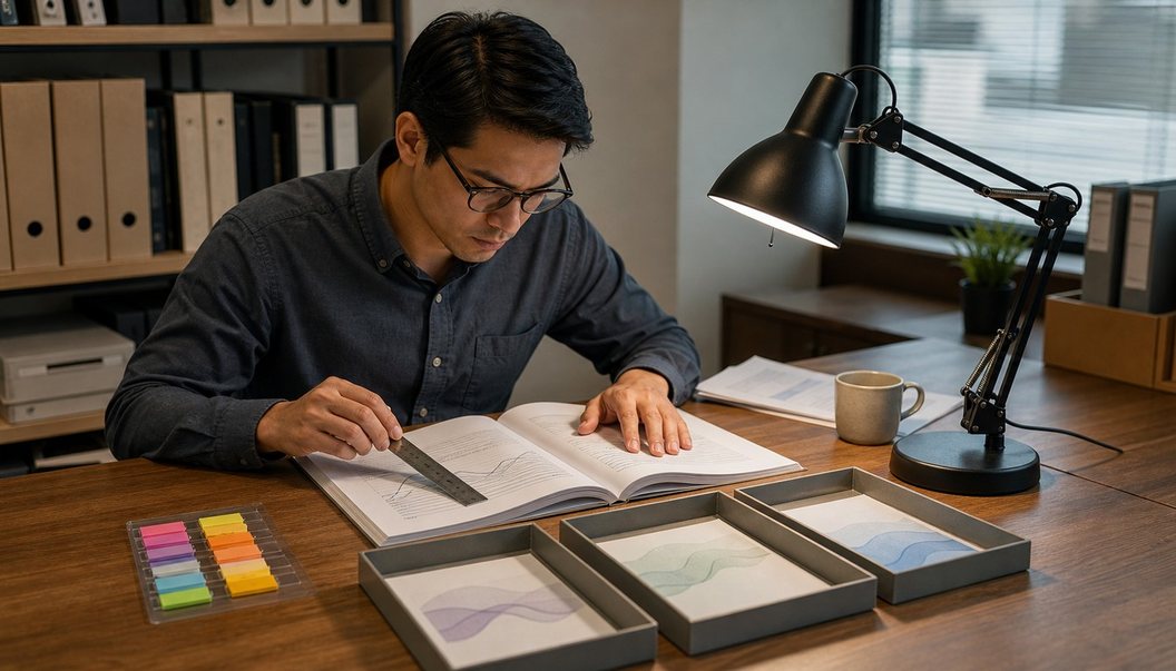 An analyst holds a metal ruler across an open report with page flags and sorting trays beneath a lit desk lamp.