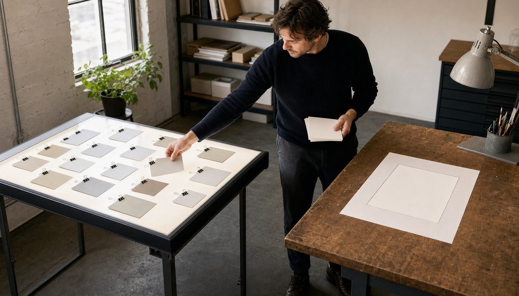 A man lifts a blank clipped card from a light table between rows of cards and a drafting desk holding a nearly empty sheet.