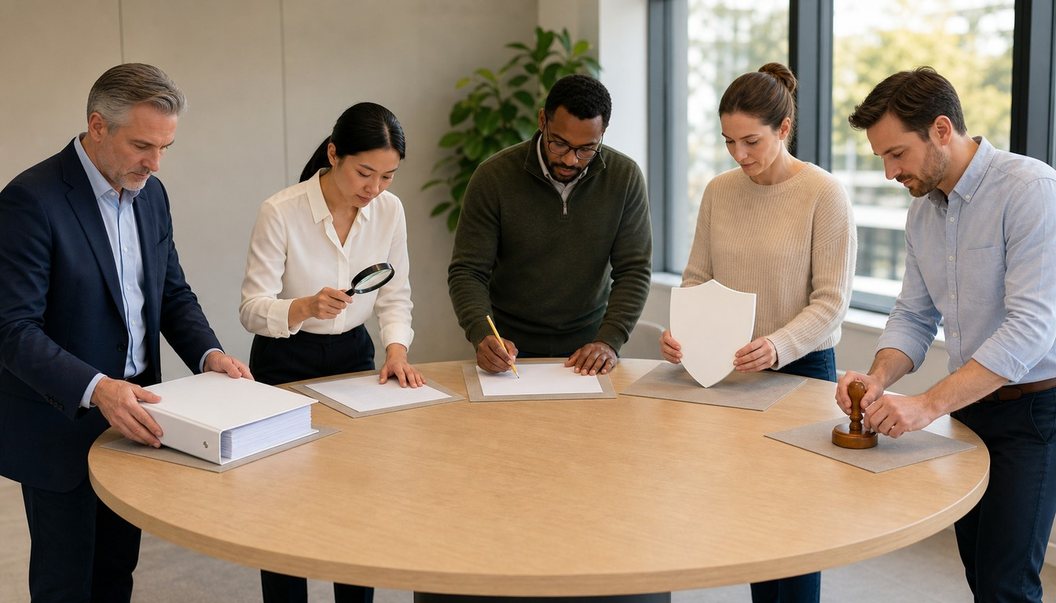 Colleagues around a round office table review a binder, magnifier, pencil, shield-shaped marker, and approval stamp.
