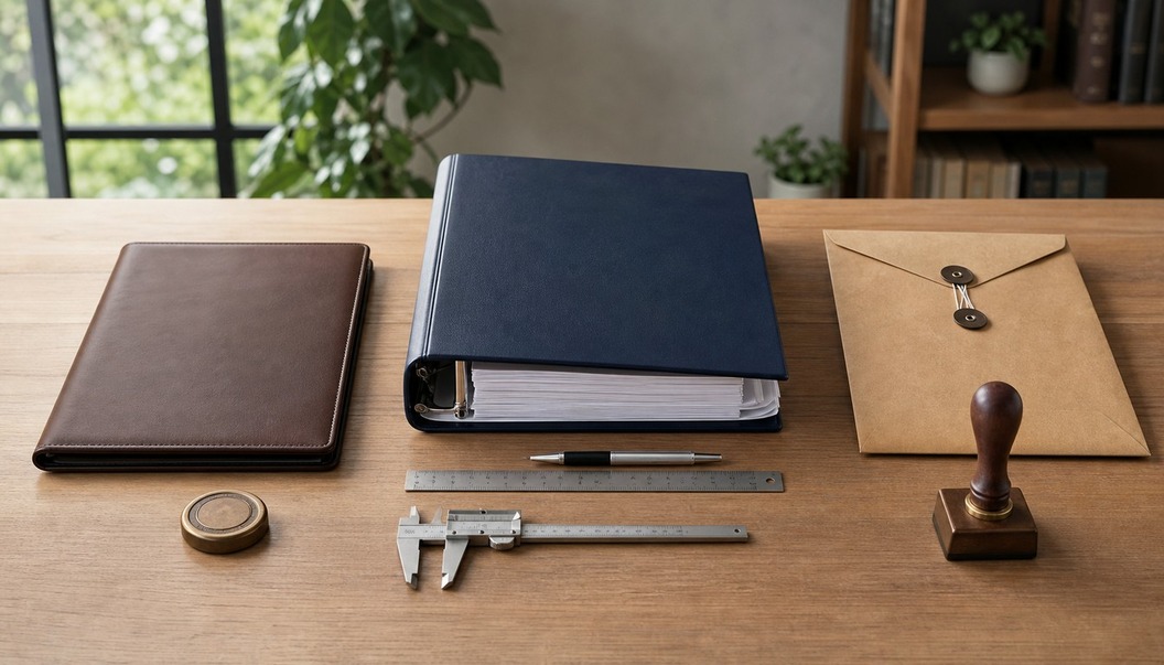 A sunlit office table displays a brown folio, blue ring binder, and sealed kraft envelope with rulers, a caliper, and an approval stamp.