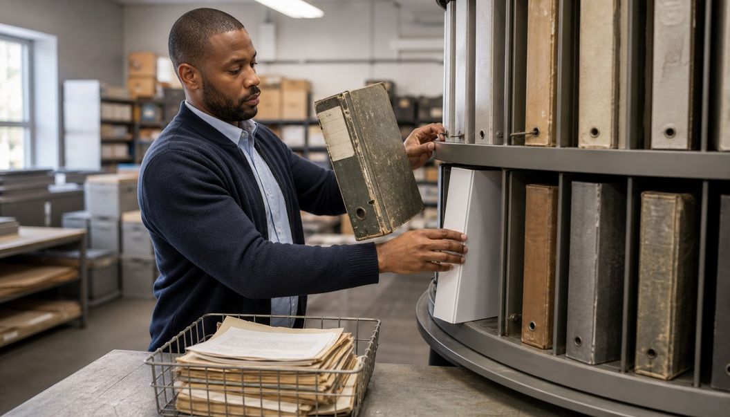A man beside a circular archive shelf holds a weathered binder while sliding in a clean white replacement, with a paper basket in front.
