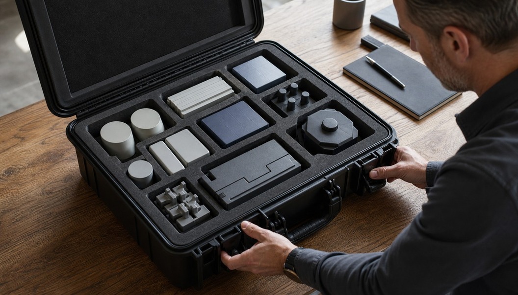 A man grips the latches of an open black hard case filled with fitted geometric modules on a wooden worktable.