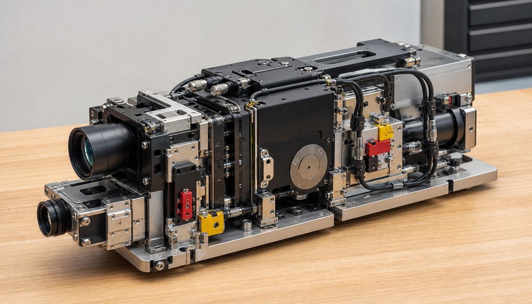 An assembled silver-and-black machine with lens-like cylinders, cables, hoses, and safety blocks spans a clean workshop bench.