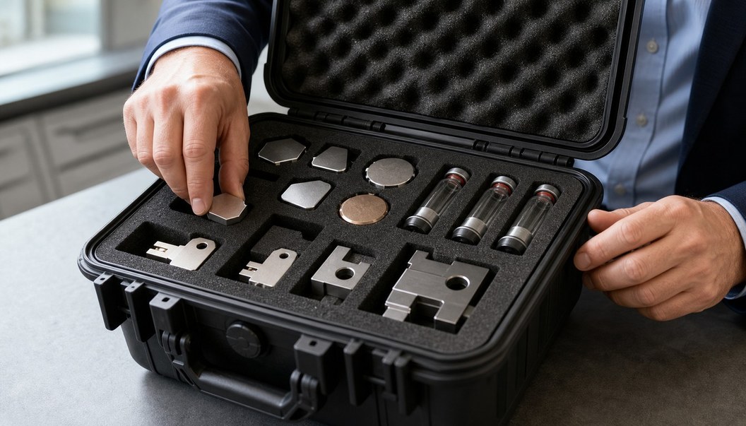 A man lifts a polygonal metal token from an open foam-lined case holding sample tubes and keyed hardware parts.