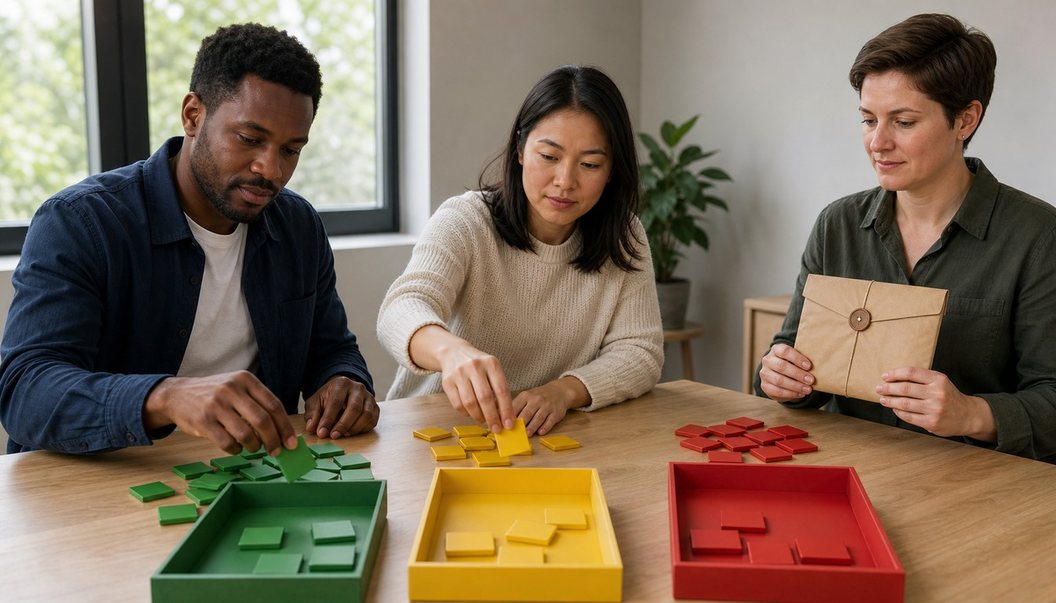 Colleagues sort green, yellow, and red tiles into matching trays while a woman holds a sealed brown envelope.