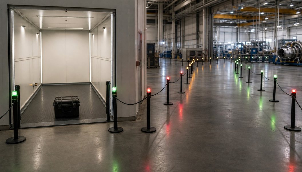 A closed black equipment case sits in an isolated test bay beside roped lanes and red, amber, and green signal lights in an industrial hall.