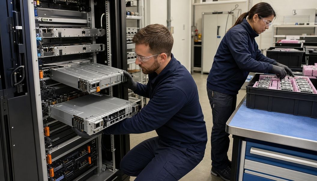 A kneeling technician guides a silver server tray in an open rack while another technician sorts metal parts into a foam-lined bin.