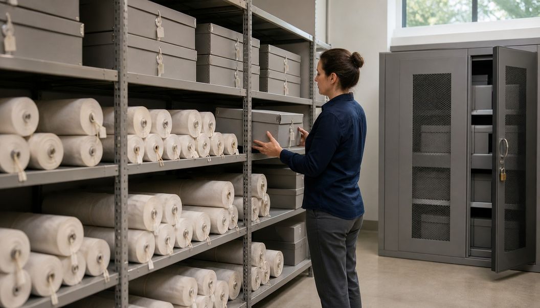 An archivist shelves a locked gray box beside rows of sealed cases and paper rolls, near an open mesh-front cabinet.